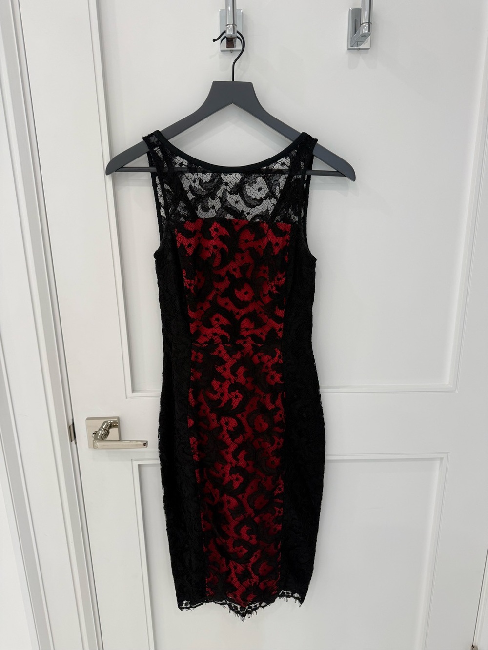 Karen Millen Black Lace Sheath Dress with Red Floral Underlay
